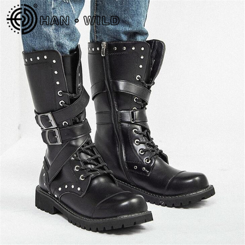 High Top Desert Tactical Military Boots Mens Leather Motorcycle Boots Army Combat Boots Fashion Male Gothic Belt Punk Boots ► Photo 1/6
