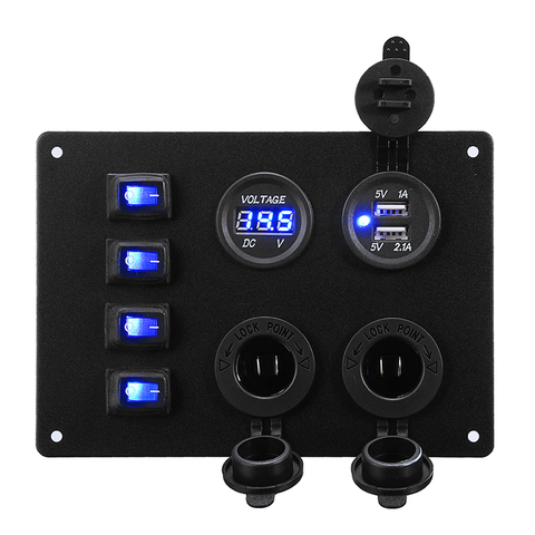 Waterproof 4 Gang Marine Boat Rocker Switch Panel 3.1A Dual USB Slot Socket + Digital Voltage Display Switch Panel Kit ► Photo 1/6