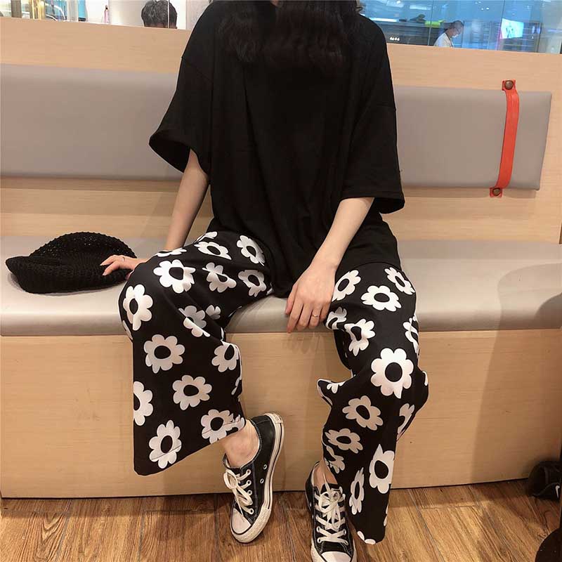 With Belt Wide Leg Baggy Pants Women High Waist Anime Print