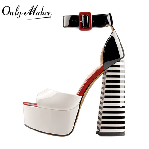 Onlymaker Women's Platform  Peep Toe  Chunky Square Heels Ankle Strap Sandals Black and White StripesParty Shoes ► Photo 1/5