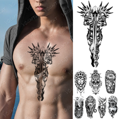Waterproof Temporary Tattoo Sticker Crusader Wings Cross Warrior Flash Tattoos Lion Wolf Body Art Arm Fake Sleeve Tatoo Men ► Photo 1/6