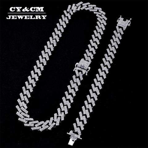 15mm Miami Prong Cuban Chain Link Silver Color Necklaces 2 Row Full Iced Out Rhinestones Bracelet Set for Mens Hip Hop Chains ► Photo 1/6