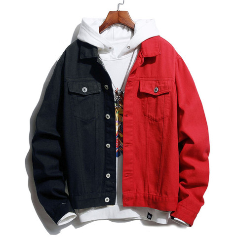 Autumn winter men denim jacket fashion self-cultivation casual two-color stitching black/red black/blue black/white jeans jacket ► Photo 1/6