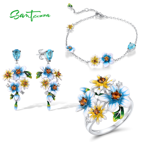 SANTUZZA 925 Sterling Silver Jewelry Set for Women Elegant Enamel Yellow Blue Flowers Earrings Ring Bracelet Set Fine Jewelry ► Photo 1/6