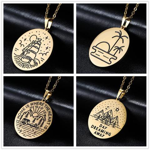 Skyrim Mountain Coconut Tree Sailboat Round Pendant Necklace Women Scenery Landscape Stainless Steel Golden Chain Necklaces Gift ► Photo 1/6