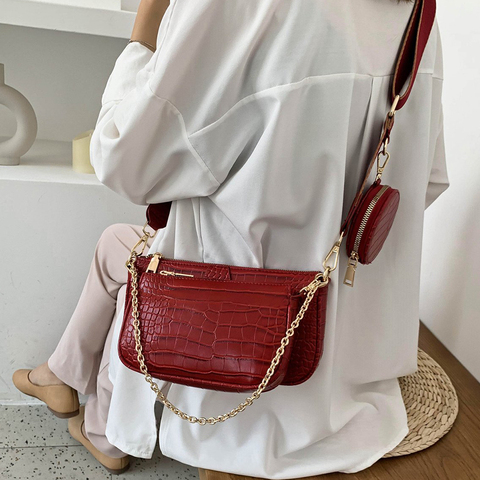 Vintage Crocodile Women Shoulder Bag Luxury Designer Wide Strap Crossbody  Bag Chain Sling Bag Pu Leather Ladies 3 Bag Set Wallet