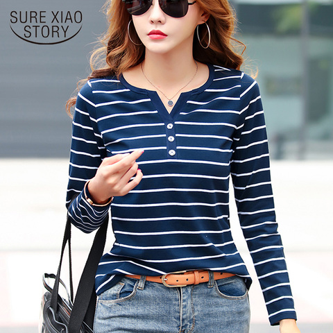 Cotton T-Shirt  Women Long Sleeve Striped T Shirt Spring Autumn Female Clothing Fashion Top Tee Lady  V-neck Plus Size 7215 50 ► Photo 1/6