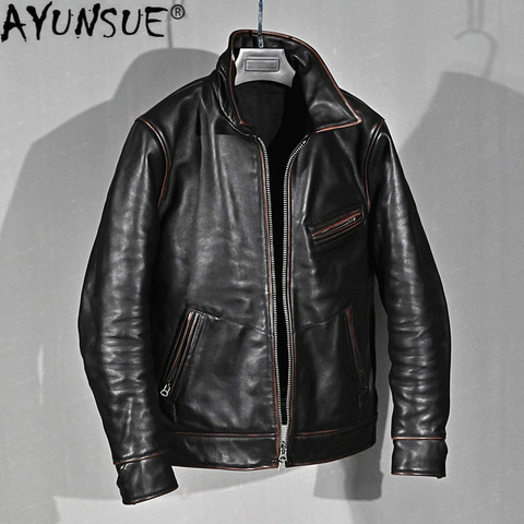 AYUNSUE 2022 New Real Cow Leather Jacket Men Vintage Cowhide Genuine Leather Coat Luxury Clothes Mens Leather Jackets KJ4711 ► Photo 1/6