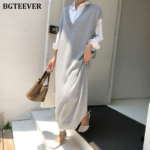 BGTEEVER Chic Casual Winter Oversize Straight Sleeveless Sweater Dress Women Thick Knit Long Dress Female Knitted Vest Dress ► Photo 1/6