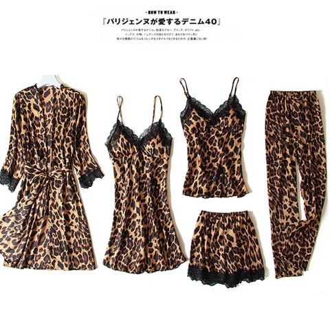 New Sexy Ladies 5 Pieces Pajamas Set Summer Leopard Print Lace Ice Satin Silk Women Pajamas Set With Chest Pads Home service ► Photo 1/6