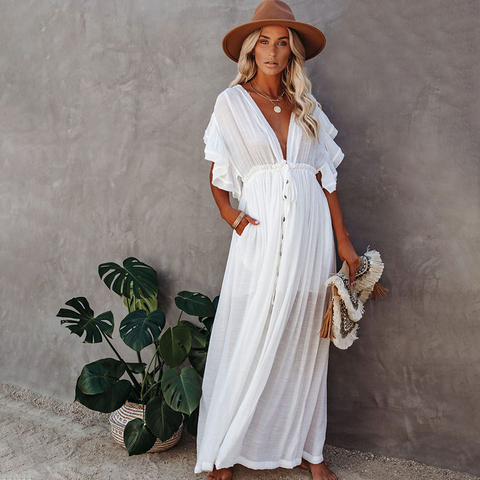 Sexy Deep V-neck Butterfly Sleeve Self Belted High Waist Button Front Open Summer Beach Dress WhiteTunic Women Beachwear Q1208 ► Photo 1/6