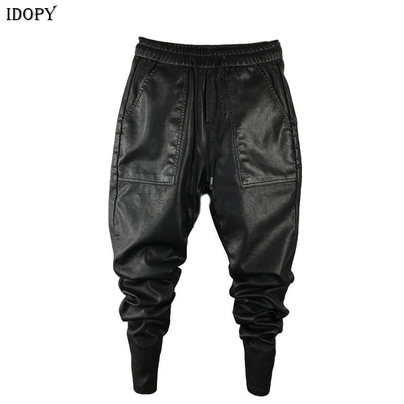 Idopy Men`s Winter Warm Faux Leather Harem Pants Elastic Waist Drawstring PU Joggings Trousers For Male ► Photo 1/6