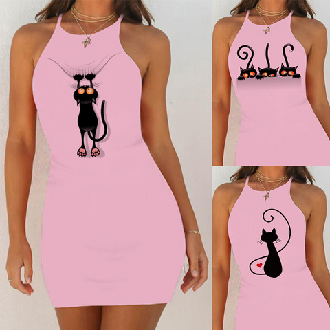 Sexy Night Dress Nightie Sleepwear Cute Black Cat Print Women Nightgown Slim Pack Hip Sleeveless Pink Sleepshirts Night Shirts ► Photo 1/6