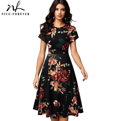 Nice-forever Vintage Elegant Floral Print Pleated Round neck vestidos A-Line Pinup Business Party Women Flare Swing Dress A102 ► Photo 1/6