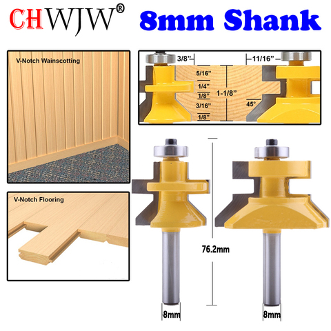 CHWJW 2PC 8mm Shank V Groove & Matched Tongue Router Bit Set w/ premium ball bearings Woodworking cutter ► Photo 1/6