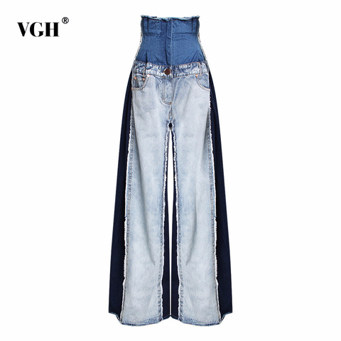 VGH Casual Denim Patchwork Women Trousers High Waist Hit Color Big Size Wide Leg Pants Female Fashion Spring 2022 Clothing Tide ► Photo 1/6