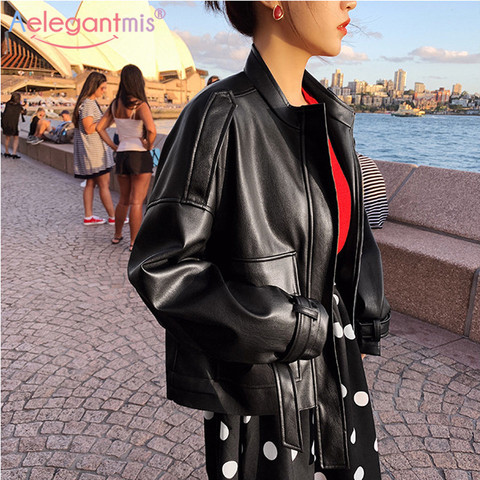 Aelegantmis Chic Black Loose Pu Faux Leather Jacket Women Soft Moto Biker Leather Jacket Ladies Street Casual Outwear Basic Coat ► Photo 1/6