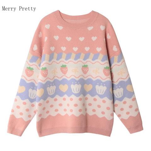 Pink Cartoon Strawberry Embroidery Sweet Style Knitted Pullover Women Sweaters 2022 Summer New Full Sleeve O-neck Female Tops ► Photo 1/6