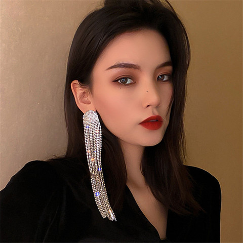 FYUAN Long Tassel Full Rhinestone Drop Earrings for Women Ovsize Crystal Dangle Earrings Fashion Jewelry Accessories ► Photo 1/6