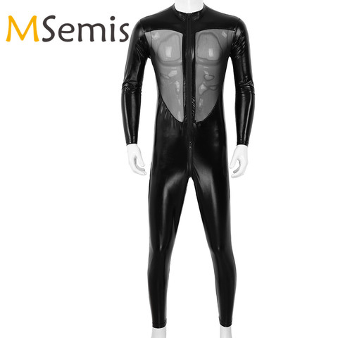 Mens Women Latex Full Body Bodysuit Gymnastics Leotard Costumes Wet Look PVC Leather Mesh Splice Male Lingerie Tight Bodysuit ► Photo 1/6