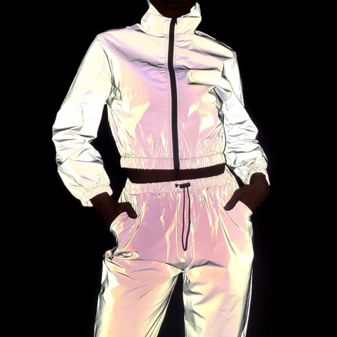 Women Tracksuit 2 Piece Set Hip Hop Reflective Crop Top Pants Fashion Female Loose Zipper Windbreaker Jacket Coat Matching Sets ► Photo 1/5