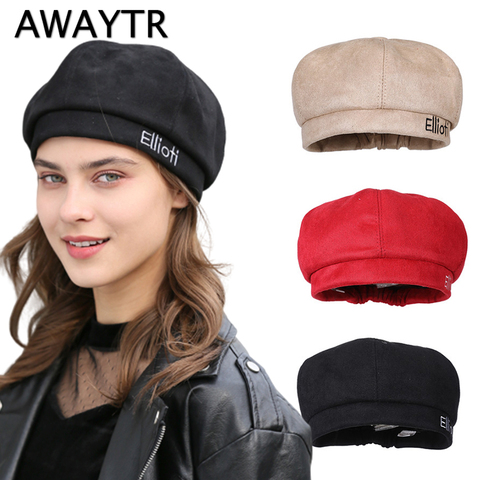 AWAYTR Ellioti Letter Embroidery Berets Female Girls Wild Fashion Wool Cap Warm Winter Hat Casual Style Styling Tools Headdress ► Photo 1/6