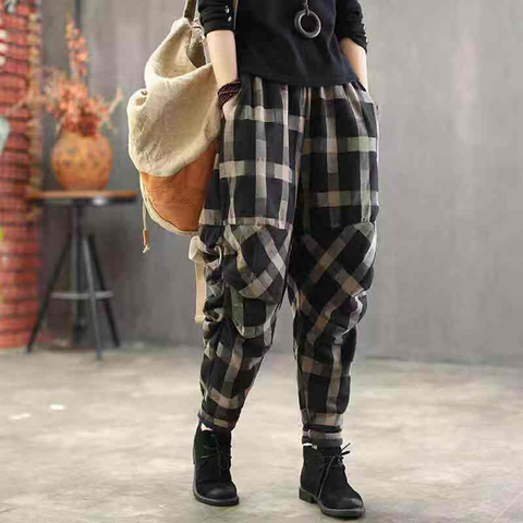 Spring Summer Arts Style Women Elastic Waist Harem Pants Vintage Cotton Linen Plaid Pants Loose Female Trousers Plus Size D414 ► Photo 1/6