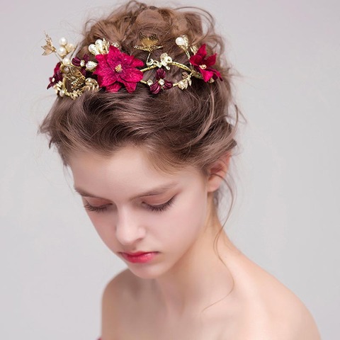 FORSEVEN Gold Rhinestone Crystal Pearl Flower Bridal Tiaras Headband Women Headpiece Wedding Crowns Hair Jewelry Accessories JL ► Photo 1/6