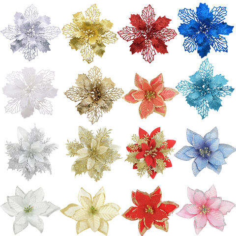 5pcs Large Glitter Poinsettia Flower Artificial Flower Heads For Wedding Party Home Decor Xmas Merry Christmas Tree Ornaments ► Photo 1/6