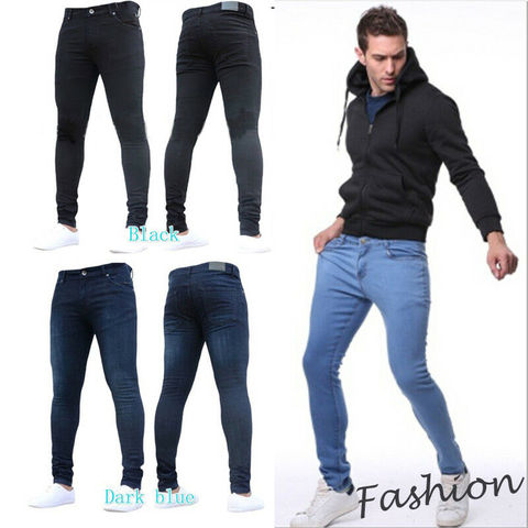 Fashion Men's Skinny Jeans Trousers Solid Color Pencil Pants Male   Slim Fit Frayed Denim Pants Black Dark Blue Light Blue ► Photo 1/5