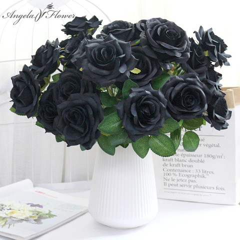 46 CM 7 Heads Black Rose Bouquet Artificial Flowers Bride Hand Hold Flower Silk Home Decoration Table Wedding Party Supplies DIY ► Photo 1/6