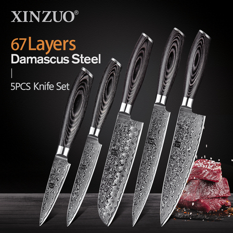XINZUO 5 PCS Kitchen Knives Set 67 Layers VG 10 Japan Damascus Steel Chef Cleaver Santoku Utility Paring Knife Pakkawood Handle ► Photo 1/6