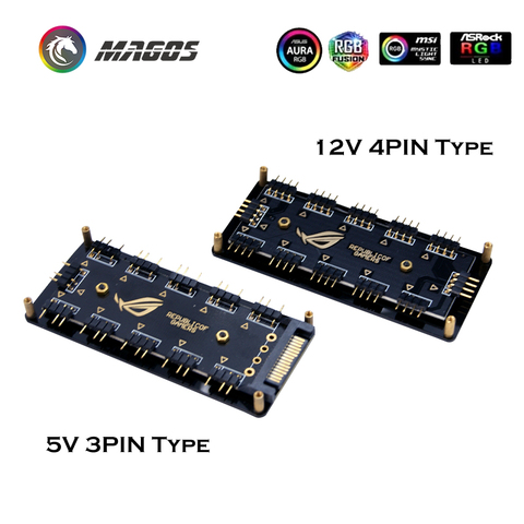 Motherboard RGB Splitter HUB, 12V 4Pin or 5V 3Pin(SATA Power Supply) Optional, Support M/B RGB Lighting AURA SYNC ► Photo 1/1