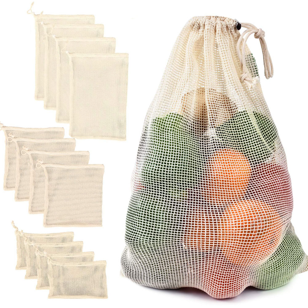 Eco Friendly Washable Storage Bags Drawstrings Kitchen Organizers Reusable Mesh 