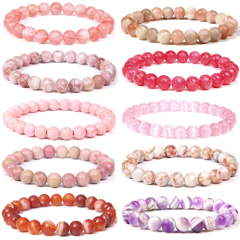 Pink Bracelet 8mm Natural Stone Bracelets Women Men Agates Angelite Cat's eye Bracelet Rhodochrosite Stone Jewelry Tourmaline ► Photo 1/6