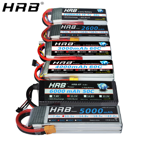 HRB Lipo Battery 11.1V 1500mah 1800 2200mah 2600mah 5000mah 6000mah 14.8V 3300mah 4000mah 7.4V 2S 3S 4S 6S 22.2V T XT60 RC Parts ► Photo 1/6