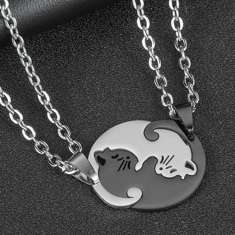 Paired Pendants Cat Splice Couple Pendant Necklace Black White Heart Round Couple Stitching Stainless Steel Yin Yang Necklace ► Photo 1/6
