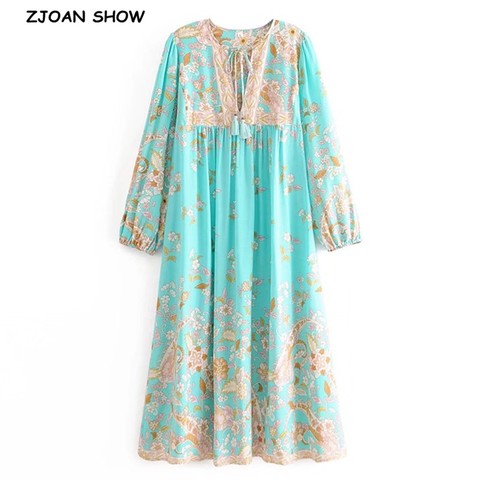 BOHO Mint Green Tassel Lacing up V neck Location Flower Print Long Dress Hippie Woman Strappy Long Sleeve Holiday Dresses Beach ► Photo 1/6