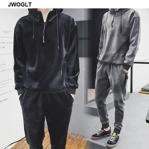 Autumn Winter Soft Warm Men Velour Tracksuit Korean Fashion Gold Velvet Track Suit Hoody Hoodies and Jogger Pants 2Pieces Outfit ► Photo 1/6