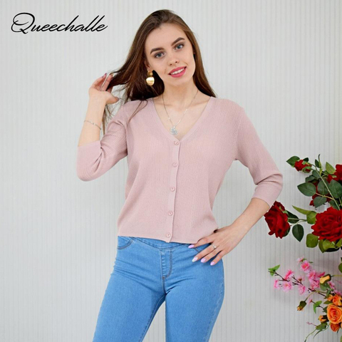 Queechalle Summer gray white black pink apricot women knitted cardigans female v neck half sleeve casual thin short coat ladies ► Photo 1/6