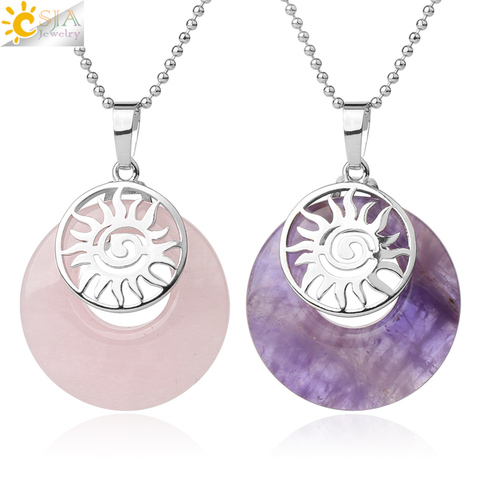 CSJA Sun Charms Pendant Necklaces Natural Stone Round Hollow Reiki Beads Pink Quartz Crystal Energy Jewelry for Women Girls G401 ► Photo 1/6