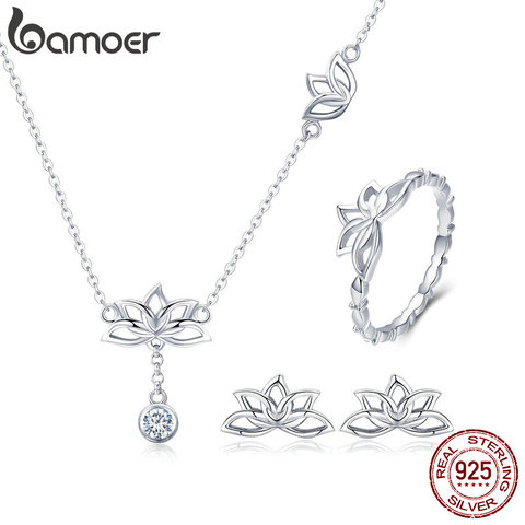 BAMOER Elegant 925 Sterling Silver Lotus Flower Earrings & Necklaces Pendant Jewelry Sets for Women Silver Jewelry Gift ZHS067 ► Photo 1/6