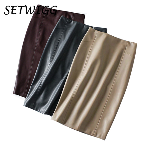 Women Sexy Soft PU Leather Pencil Midi Skirt Autumn Ladies Package Hip Back Split Faux Leather Pencil Skirt Burgundy Coffee ► Photo 1/6