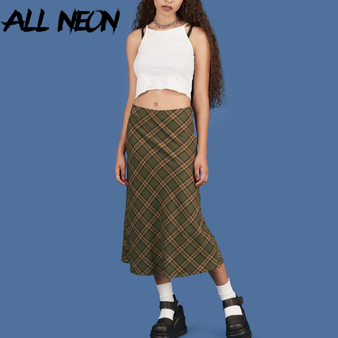 ALLNeon E-girl Plaid High Waist Mermaid Skirts Women Streetwear Cotton Long Skirts Chic Vintage Y2K Style Ladies Bottoms Summer ► Photo 1/6