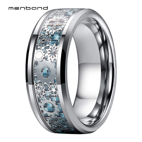Men Women Tungsten Wedding Band With Mechanical Gear Wheel And Light Blue Carbon Fiber Inlay 8MM Ring Box Available ► Photo 1/5