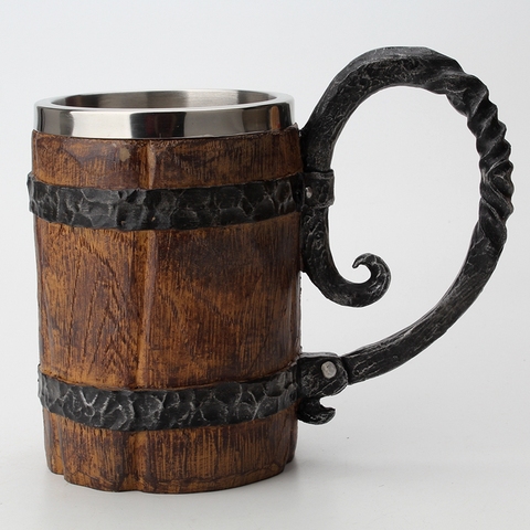 Wooden Barrel Mug Cup 3D Simulation Stainless Steel Resin Beer Mug Goblet Game Tankard Coffee Cup Wine Mugs 650ml Gift Wood Cups ► Photo 1/6