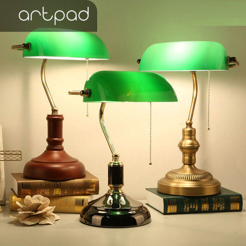 Artpad Retro Old Vintage Green Glass Lampshade Bank Table Lamp 3 Color Base Iron Desk Light for Study Office Bedroom Living Room ► Photo 1/6