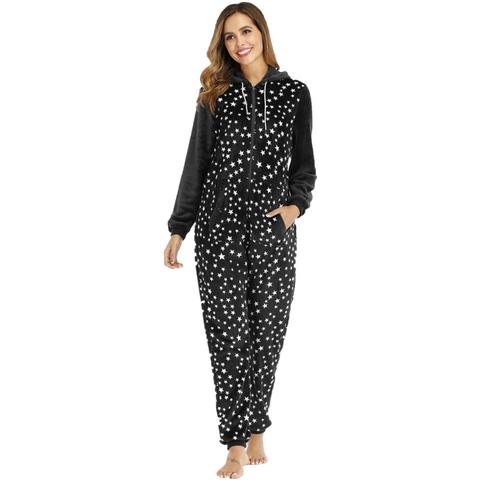 Black Hooded Cute Star Print Nightwear Homewear Comfortable Women Flannel Warm Onesies Jumpsuit Pajama Casual Soft Sleepwear ► Photo 1/5