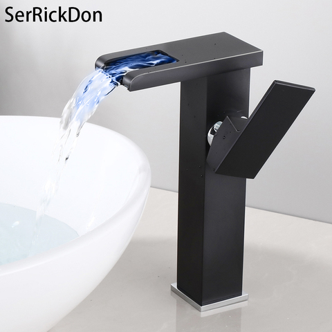 LED Waterfall Bathroom Basin Faucet, Single Handle Cold Hot Water Mixer Sink Tap RGB Color Change Powered by Water Flow ► Photo 1/6