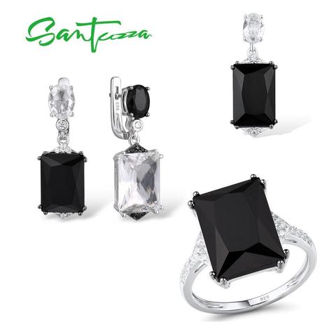 SANTUZZA Silver Jewelry Set For Women 925 Sterling Silver Shiny Black Glass Earrings Pendant Ring Set Trendy Party Fine Jewelry ► Photo 1/6